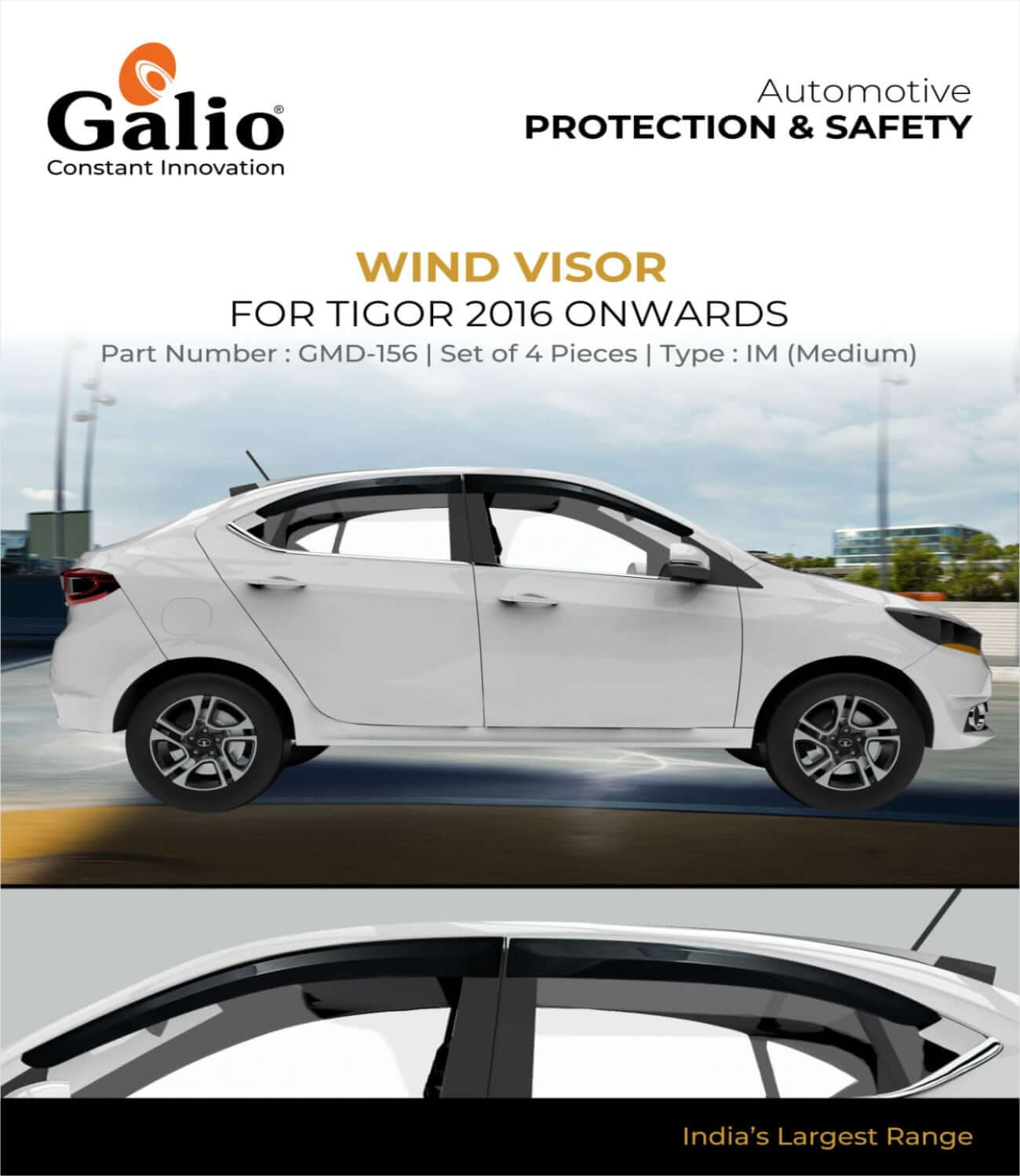 Galio Car Door Visor Window Deflector For Tata Tigor (2016 Onwards) (Set of 4 Pcs.)