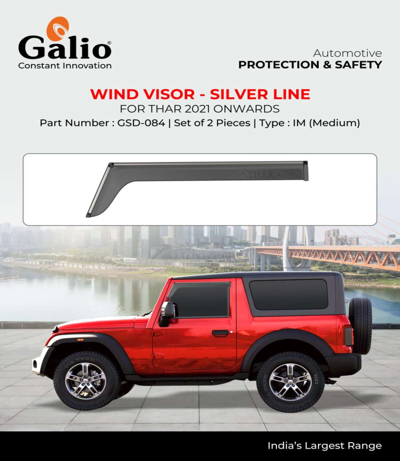 Galio Car Door Visor With Silver Line For Mahindra Thar (2021 Onwards) (Set of 2 pcs)