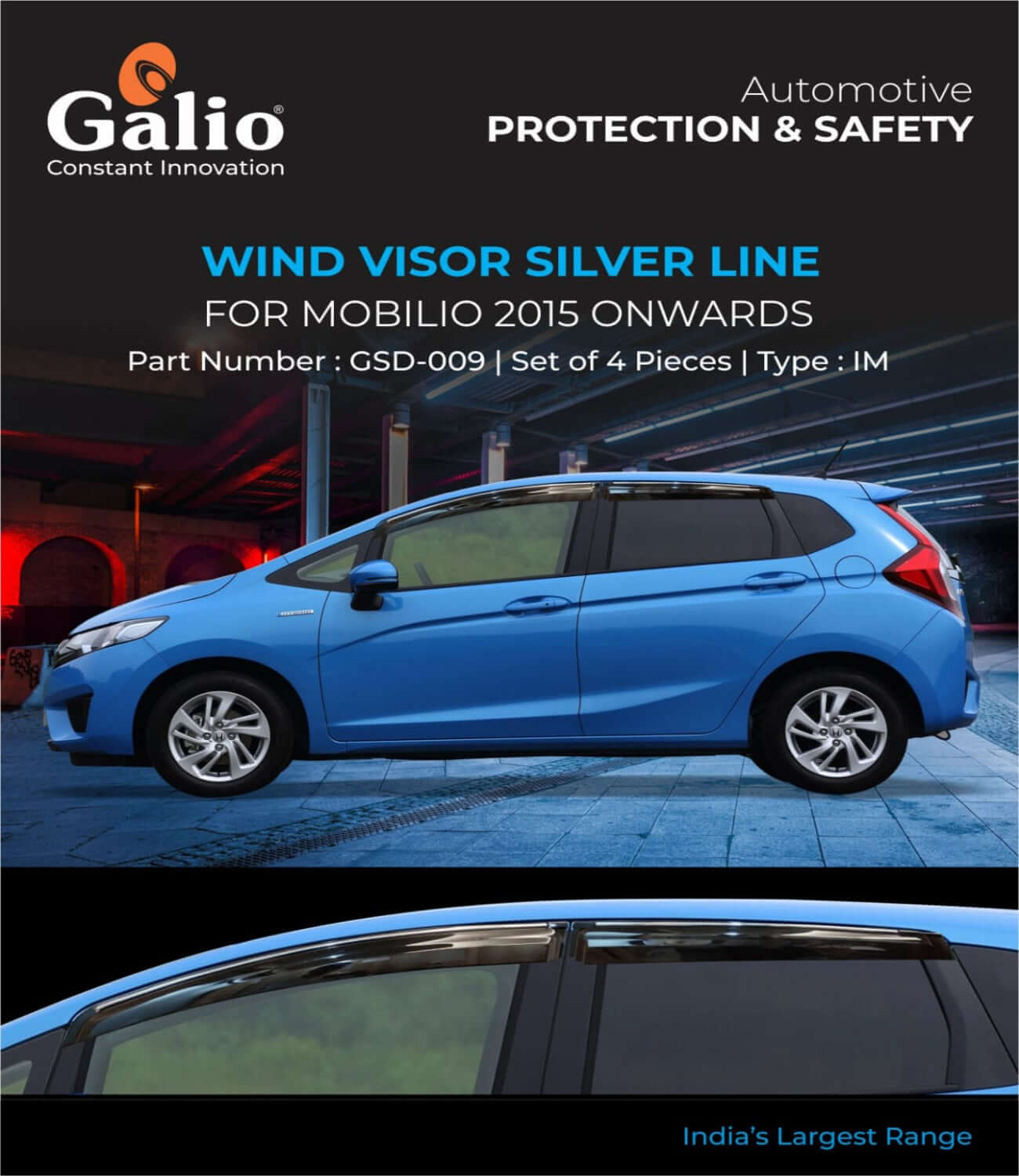 Galio Car Door Wind Visor With Silver Chrome Line For Honda Mobilio (2015 onwards)