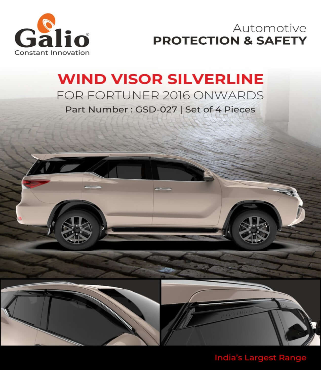 Galio Car Door Wind Visor With Silver Chrome Line For Toyota Fortuner (2016 Onward)