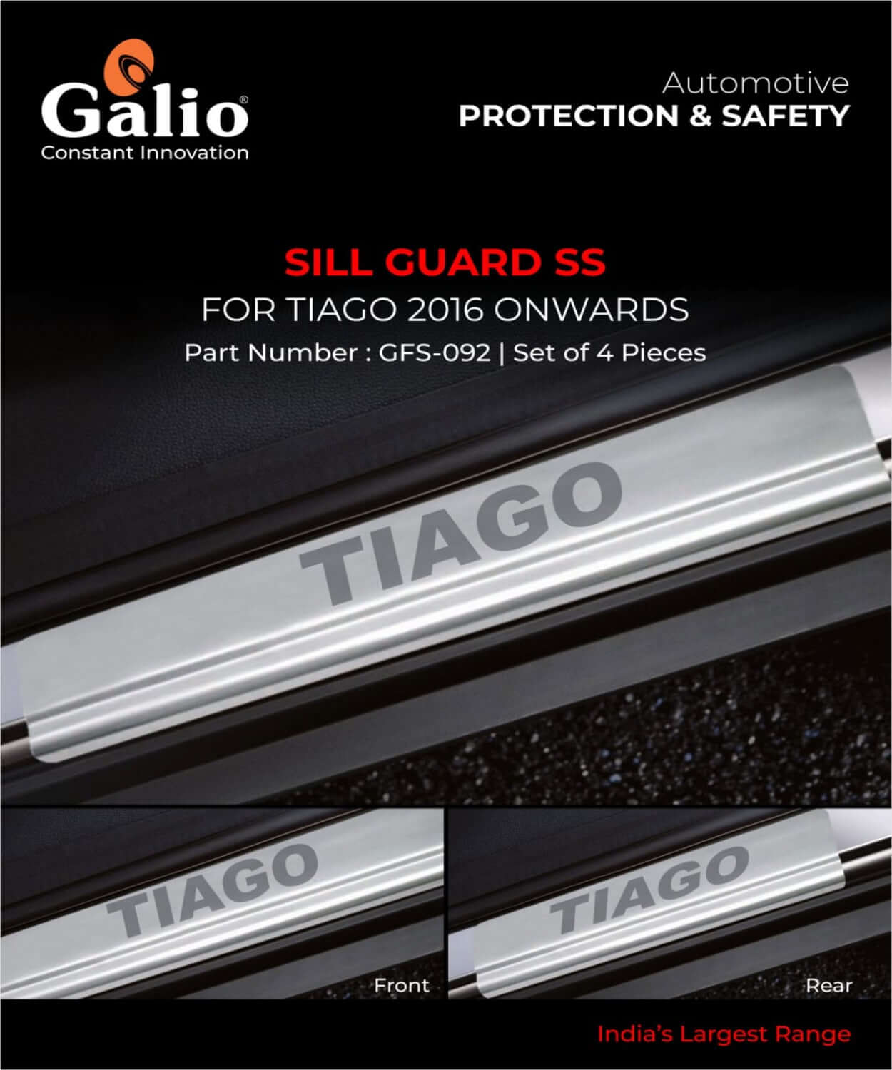 Galio Car Footsteps Sill Guard Stainless Steel Scuff Plate For Tata Tiago (2016 onwards) (Set of 4 Pcs.)