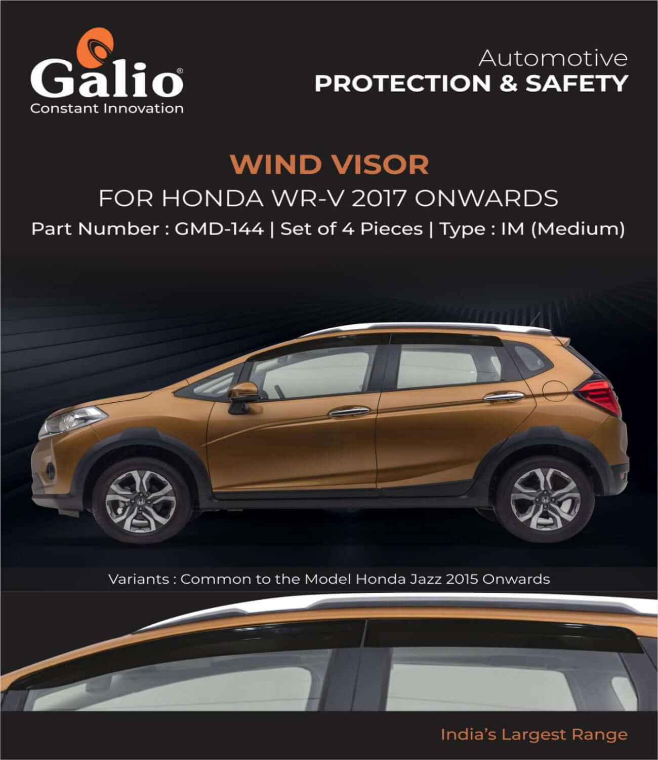 Galio Car Window Door Wind Visor With Silver Chrome Line for Honda WR-V (2017 onwards)