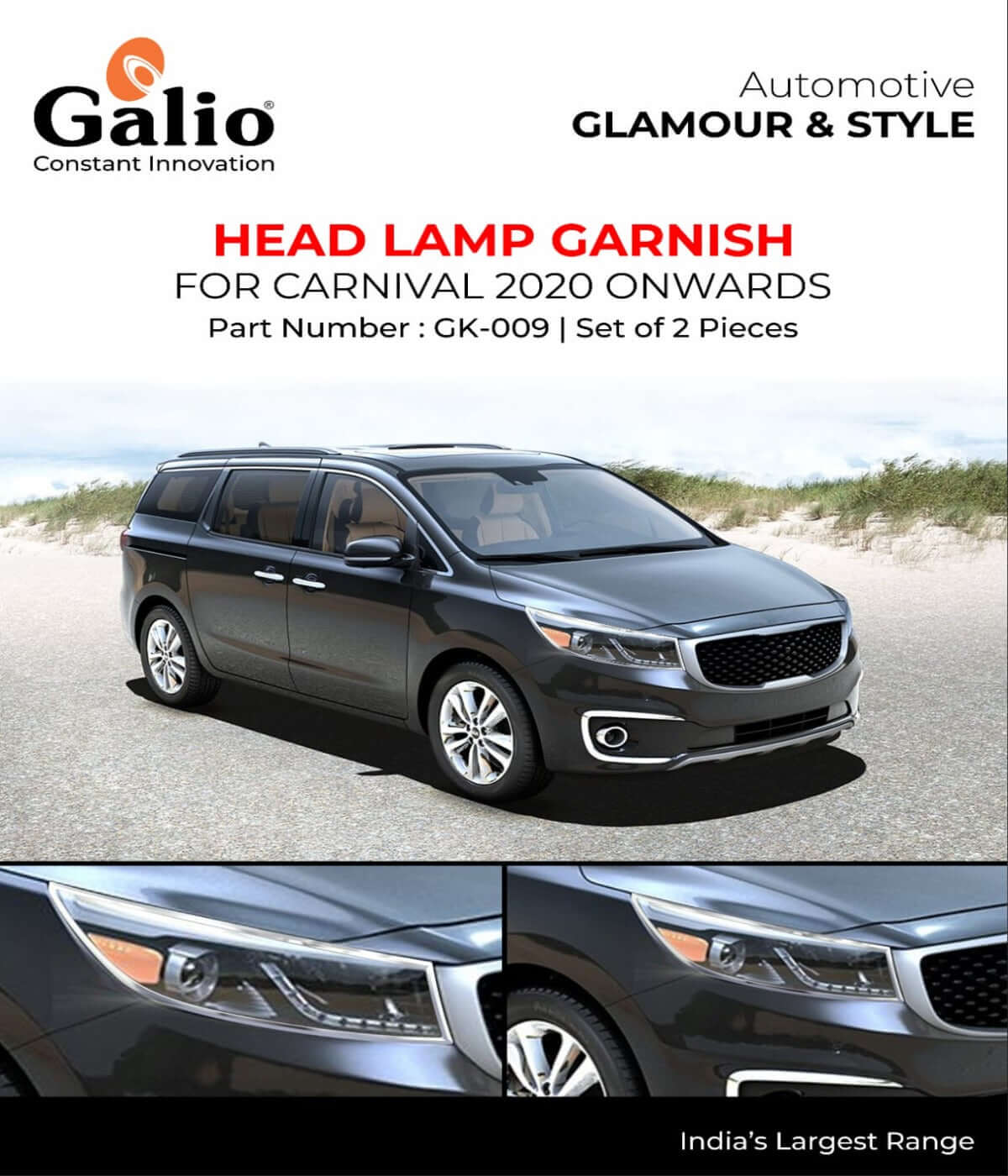 Galio Chrome Head LampLight Garnish Cover For KIA Carnival (2020 Onward) (Set of 2 pcs.)