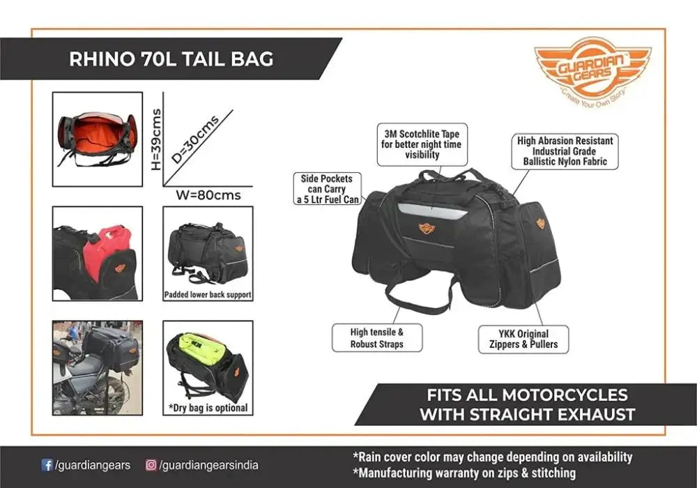 Guardiangears Rhino Mini 50L Tail Bag with Rain Cover & Dry Bag