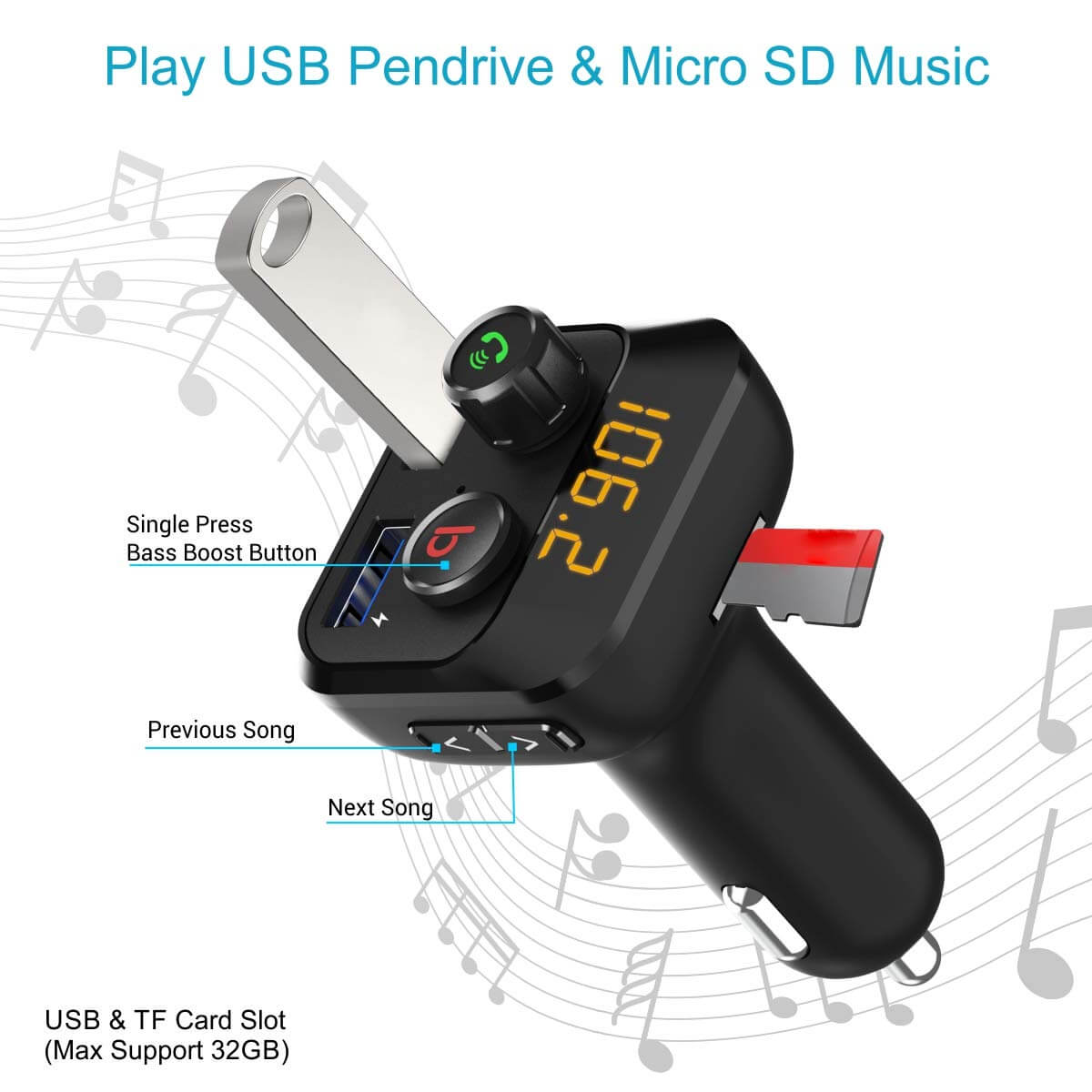 Portronics Auto 10 Bluetooth & USB Car Charging Adapter (POR 320, Black)