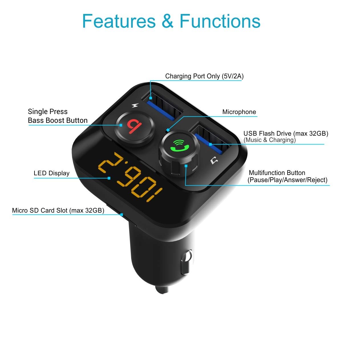 Portronics Auto 10 Bluetooth & USB Car Charging Adapter (POR 320, Black)