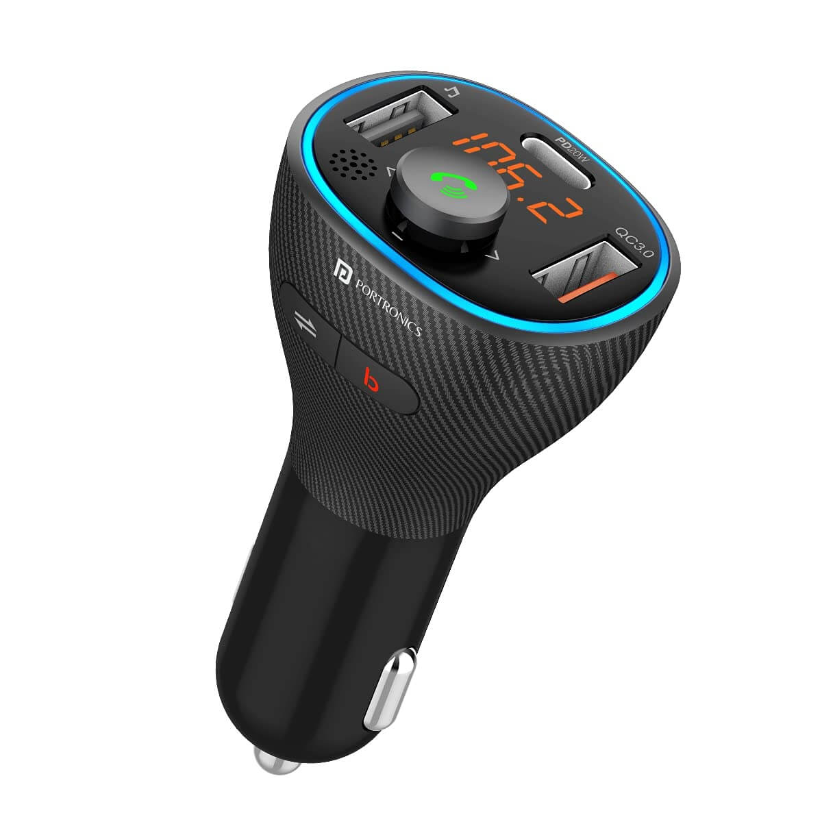 Portronics Auto 15 Car Bluetooth Receiver With Handsfree Calling, Music Streaming + USB Charging (PD 20W+QC3.0) (Black)