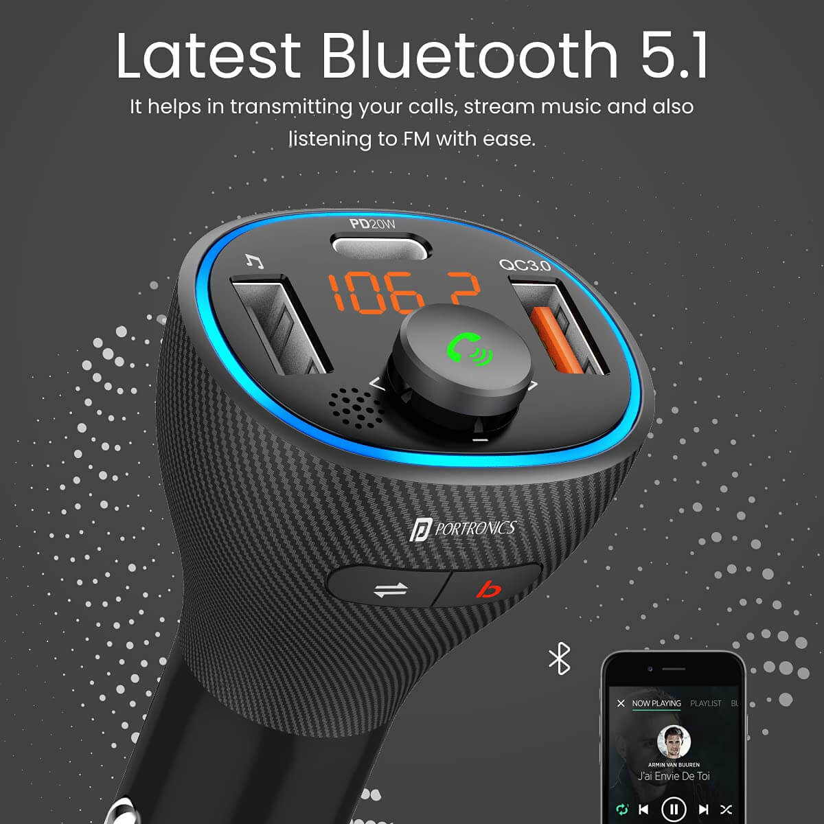 Portronics Auto 15 Car Bluetooth Receiver With Handsfree Calling, Music Streaming + USB Charging (PD 20W+QC3.0) (Black)