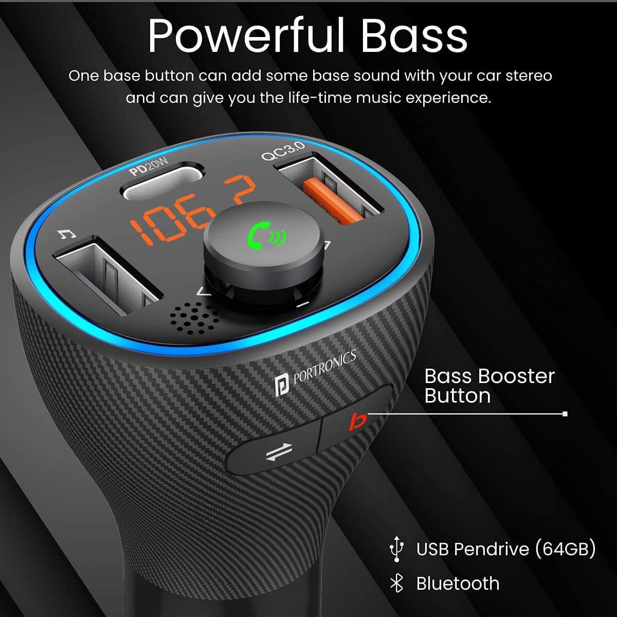 Portronics Auto 15 Car Bluetooth Receiver With Handsfree Calling, Music Streaming + USB Charging (PD 20W+QC3.0) (Black)