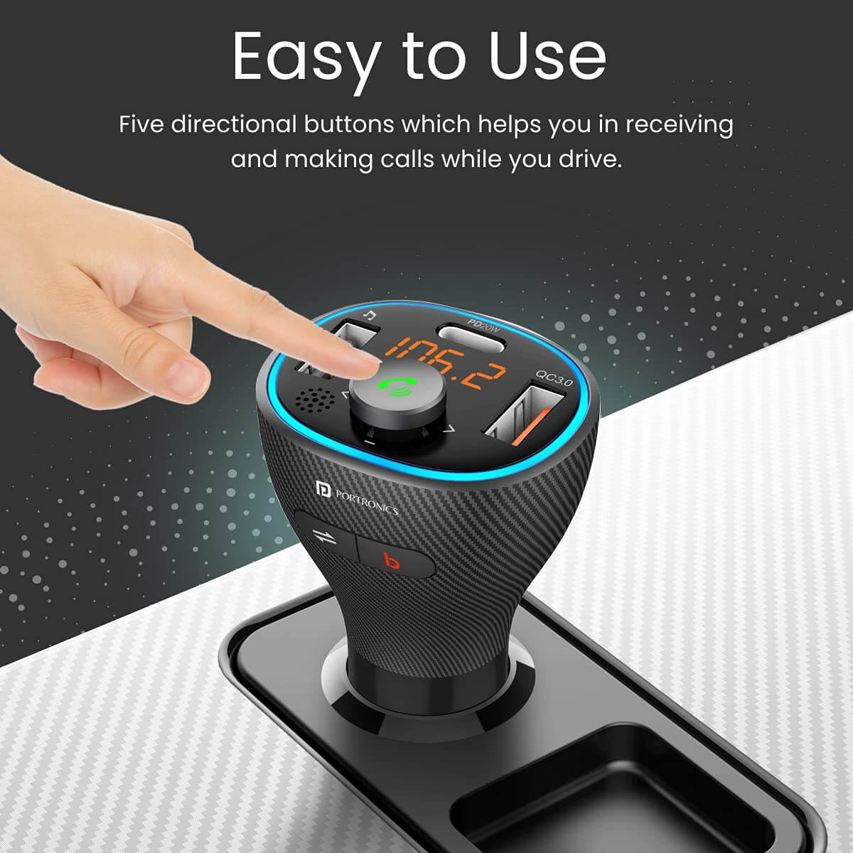 Portronics Auto 15 Car Bluetooth Receiver With Handsfree Calling, Music Streaming + USB Charging (PD 20W+QC3.0) (Black)
