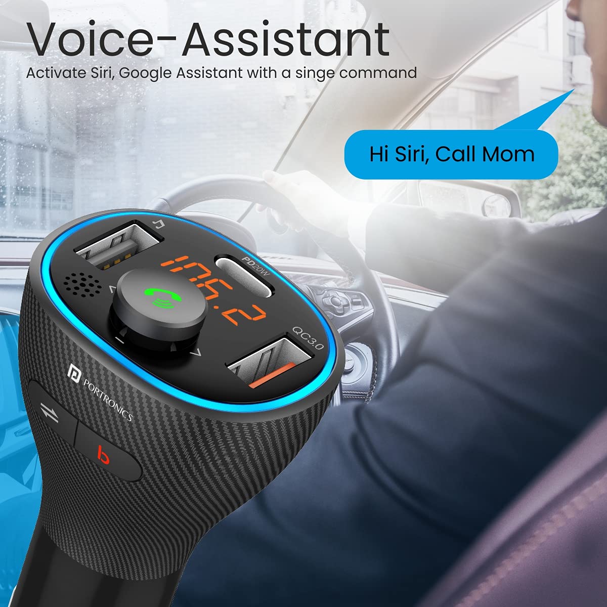 Portronics Auto 15 Car Bluetooth Receiver With Handsfree Calling, Music Streaming + USB Charging (PD 20W+QC3.0) (Black)