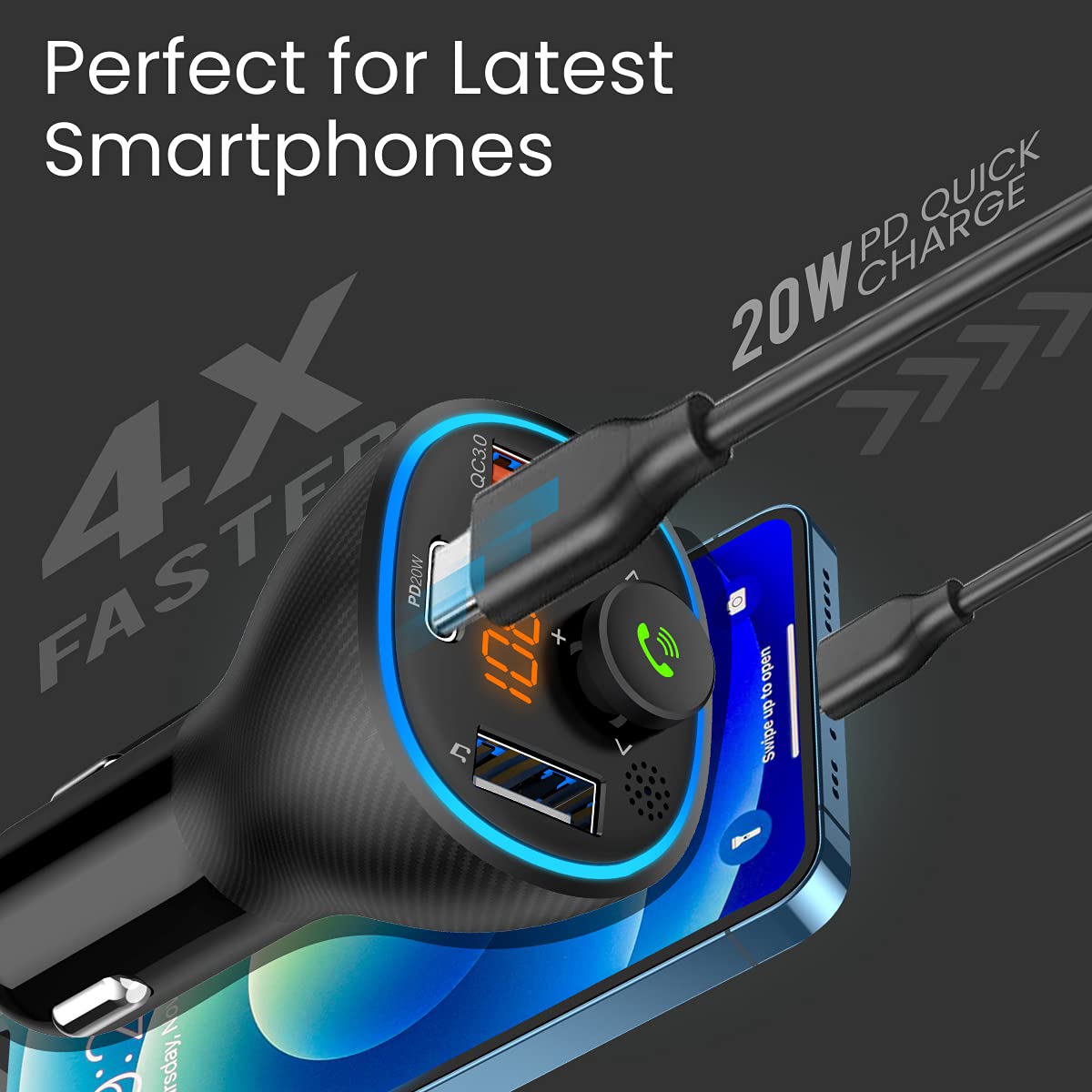 Portronics Auto 15 Car Bluetooth Receiver With Handsfree Calling, Music Streaming + USB Charging (PD 20W+QC3.0) (Black)