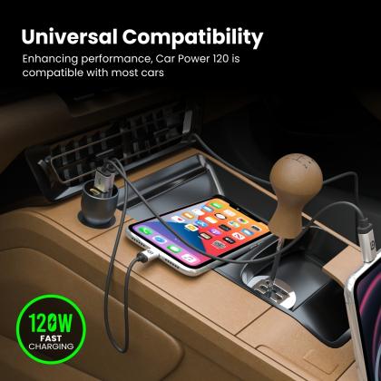 Portronics Car Power 120 Car LaptopMobile Charger (Quick Charge+PD) With Triple Charging Port (Grey)
