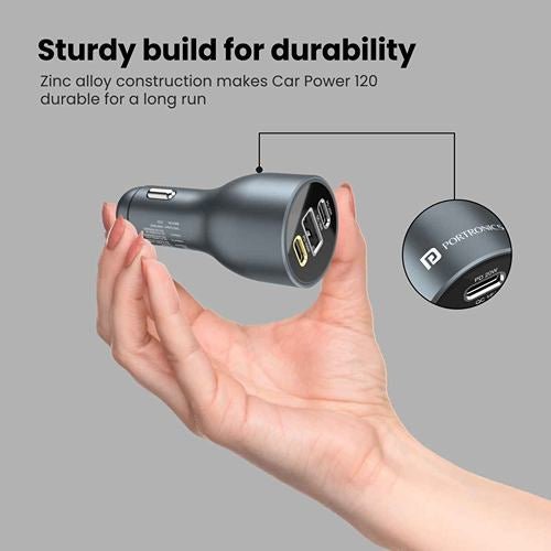 Portronics Car Power 120 Car LaptopMobile Charger (Quick Charge+PD) With Triple Charging Port (Grey)