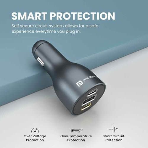 Portronics Car Power 120 Car LaptopMobile Charger (Quick Charge+PD) With Triple Charging Port (Grey)