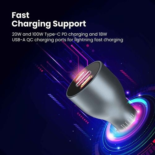 Portronics Car Power 120 Car LaptopMobile Charger (Quick Charge+PD) With Triple Charging Port (Grey)