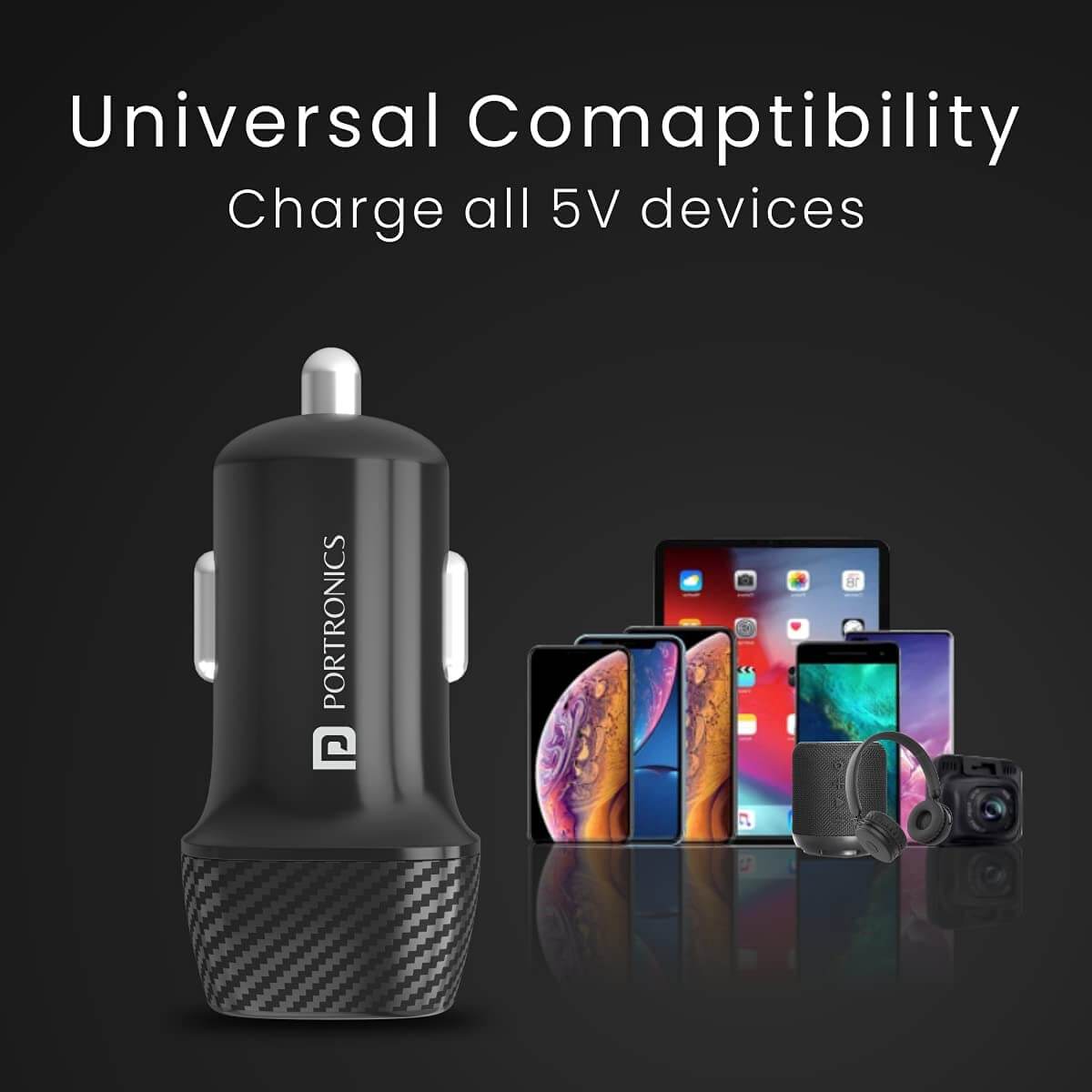 Portronics Car Power 5 Car Charger With Dual USB Port (12W) (Black, Cable not Included)