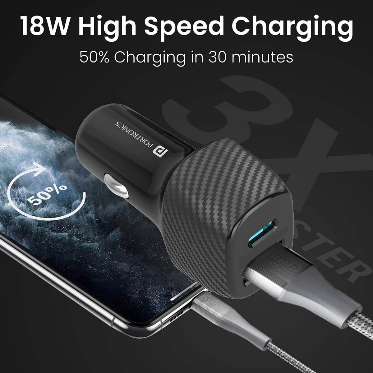 Portronics Car Power 6 Car Charger with Dual USB Port (PD+QC) 36 Watt (Black)