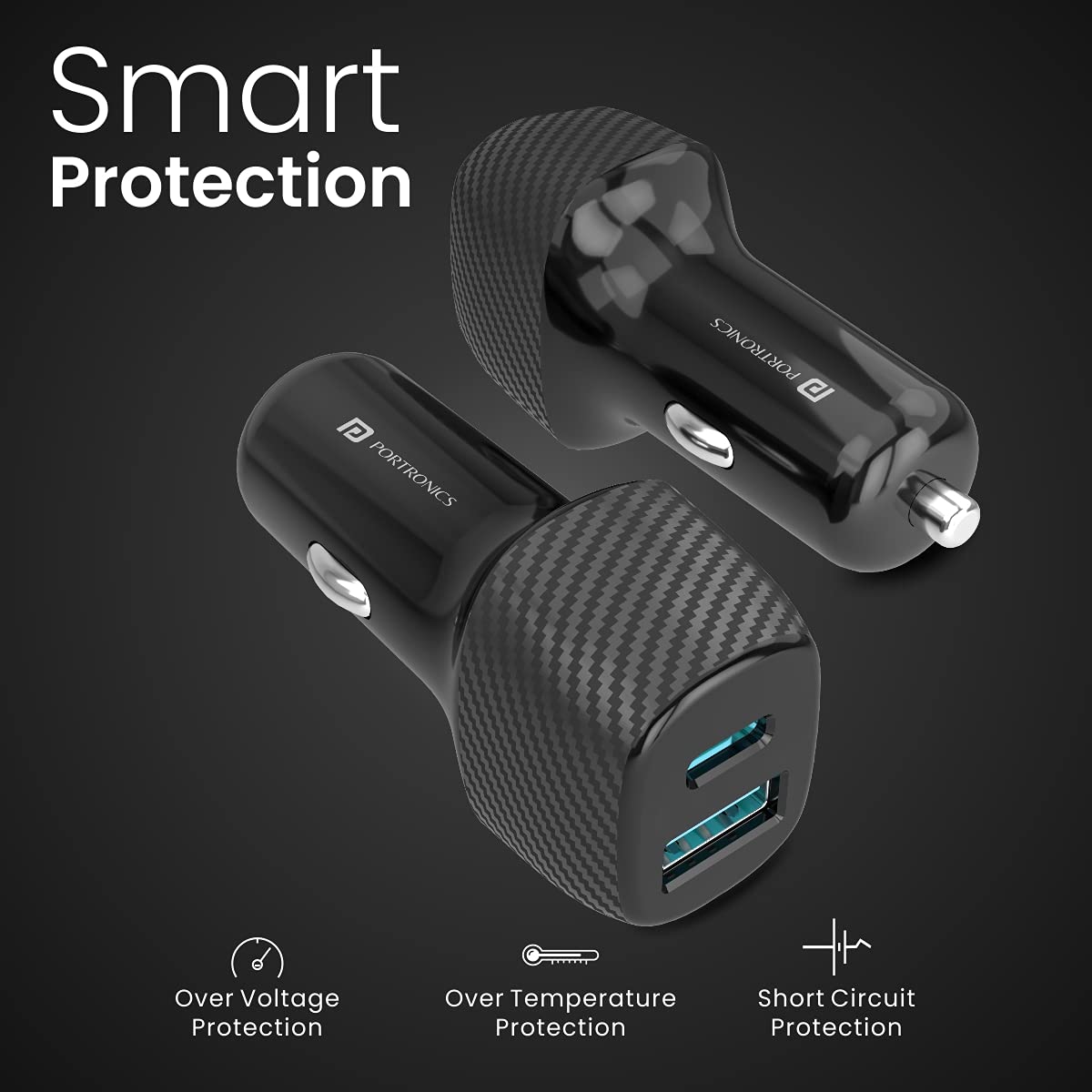 Portronics Car Power 6 Car Charger with Dual USB Port (PD+QC) 36 Watt (Black)