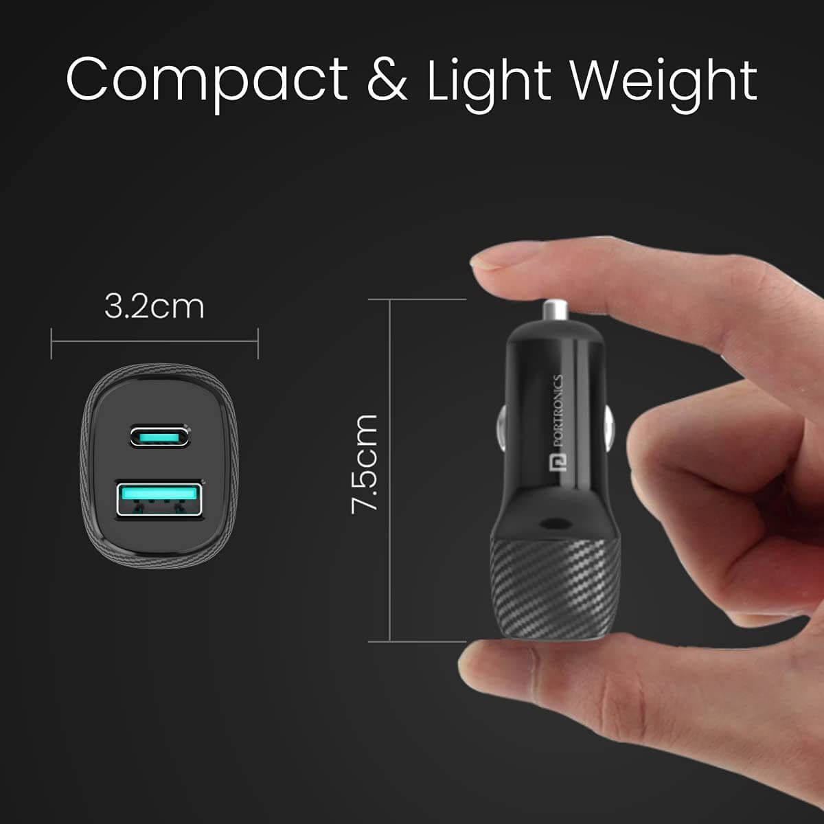 Portronics Car Power 6 Car Charger with Dual USB Port (PD+QC) 36 Watt (Black)