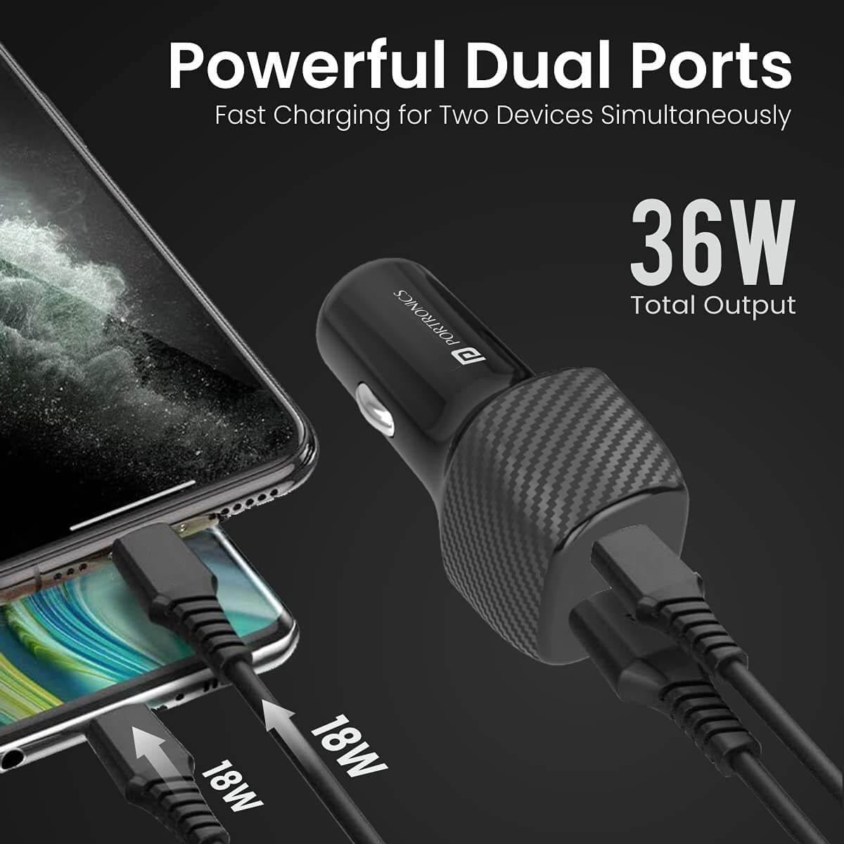 Portronics Car Power 6 Car Charger with Dual USB Port (PD+QC) 36 Watt (Black)