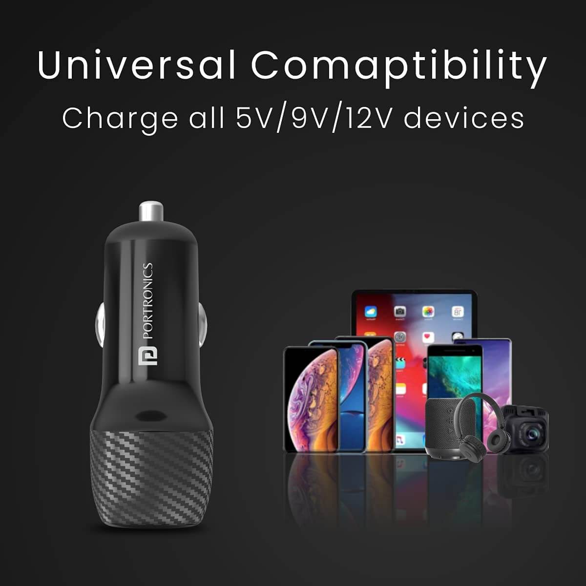 Portronics Car Power 6 Car Charger with Dual USB Port (PD+QC) 36 Watt (Black)