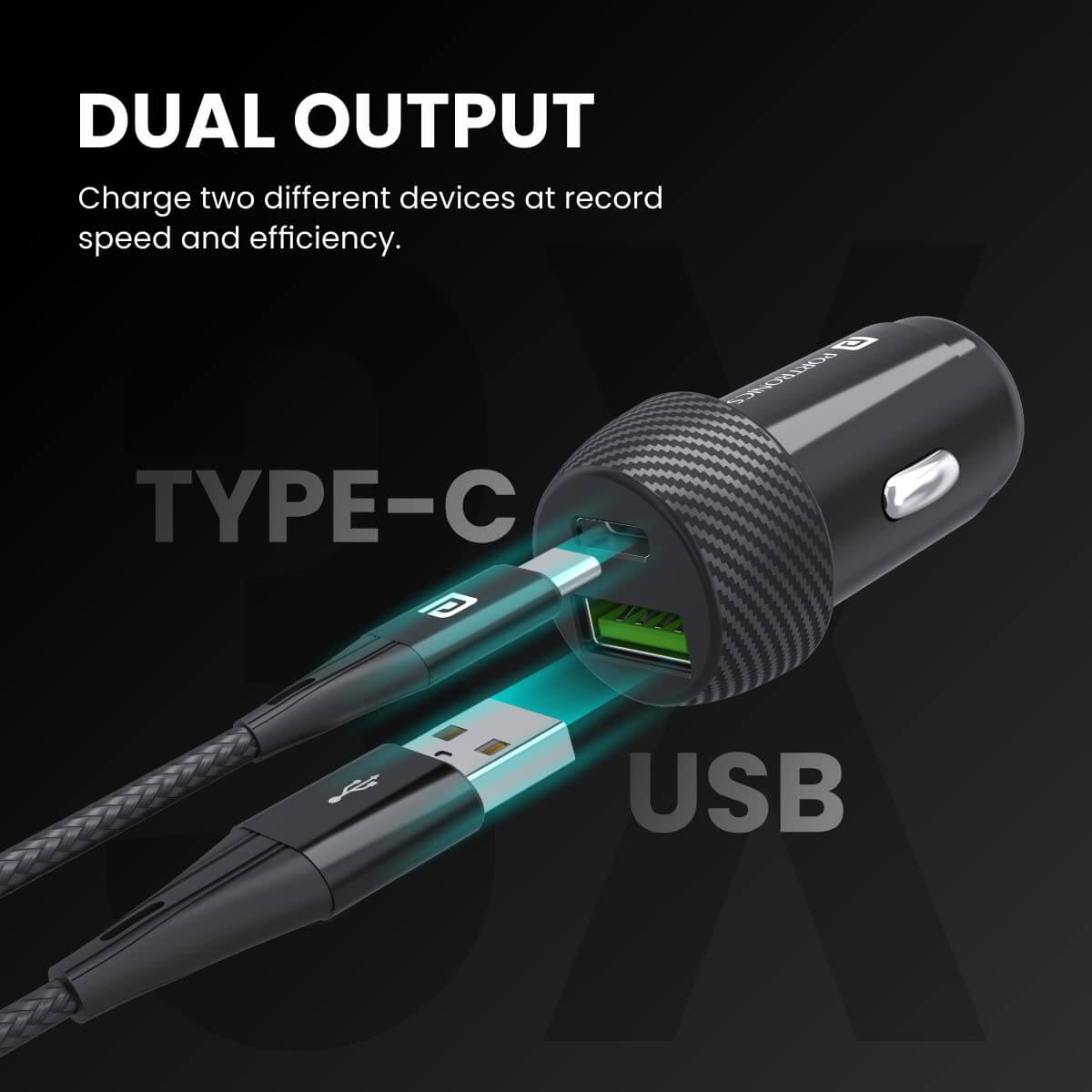 Portronics Car Power 7 20W Fast Charging with Dual Output (PD + QC) Rapid Charge (Black)