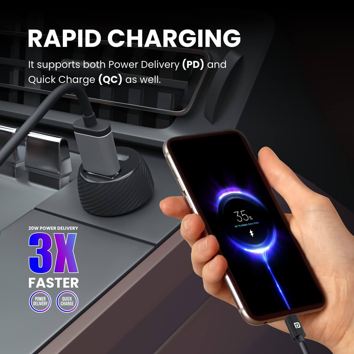 Portronics Car Power 7 20W Fast Charging with Dual Output (PD + QC) Rapid Charge (Black)