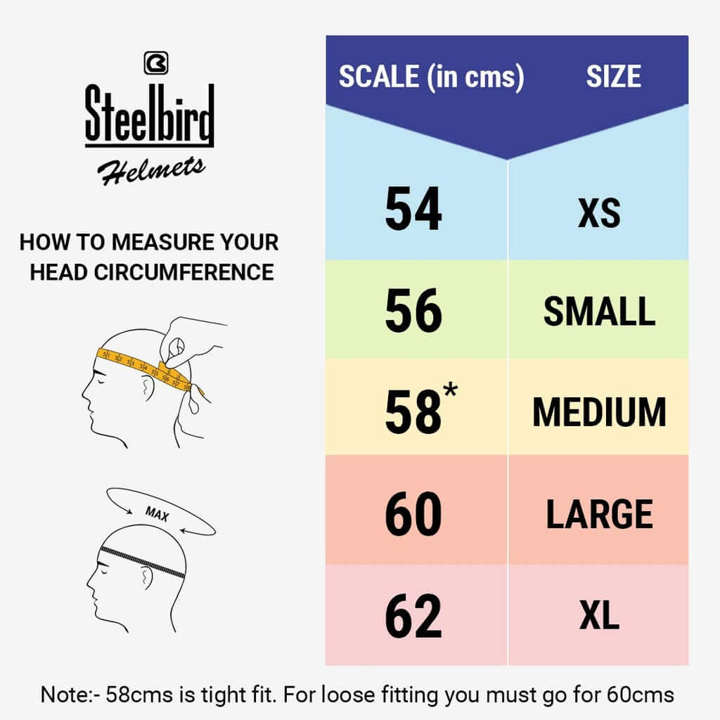 Steel Bird Air SBA-3 Helmet with Golden Visor (Black) SIze Chart