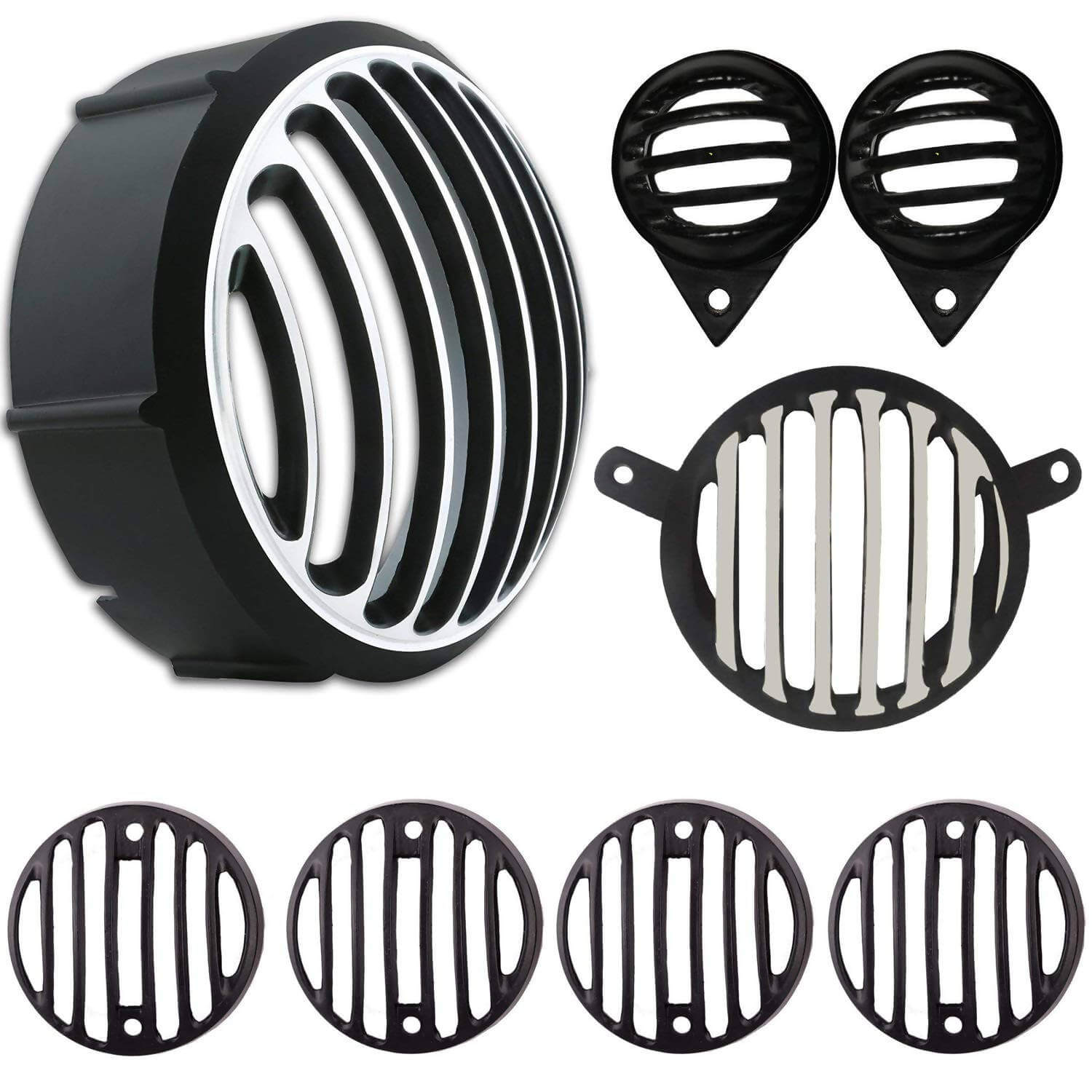 Motocare metal headlight grill protector For Royal Enfield Classic (Black and Chrome, Set of 8)